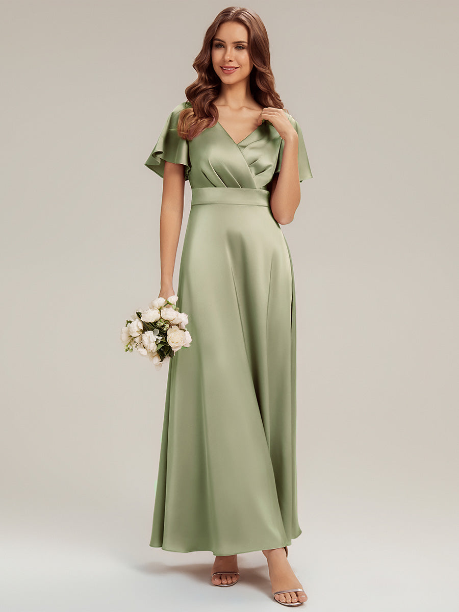 Gathered Satin Ruffle Sleeve Bridesmaid Dress