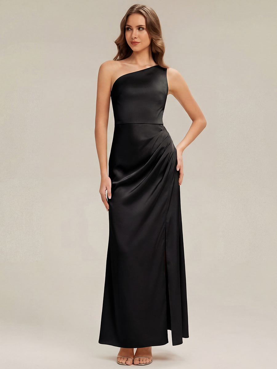 Thigh-High Slit One-Shoulder Satin Sleeveless Bridesmaid Dress