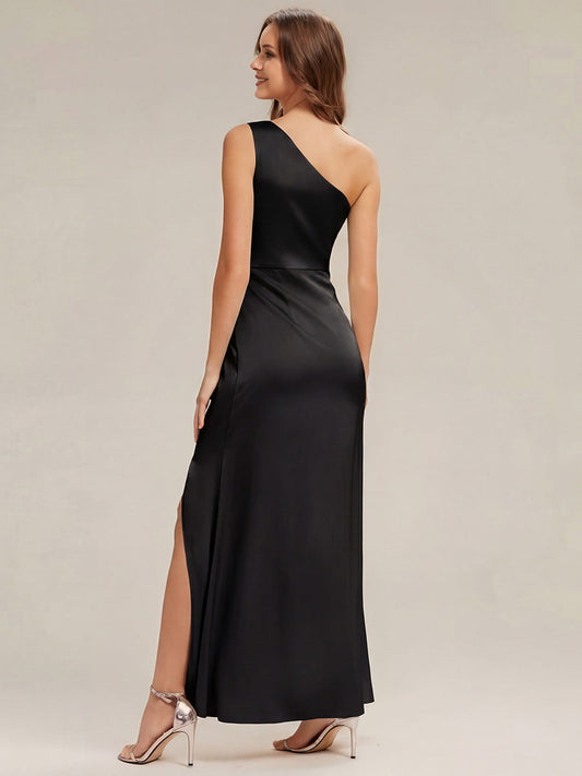 Thigh-High Slit One-Shoulder Satin Sleeveless Bridesmaid Dress