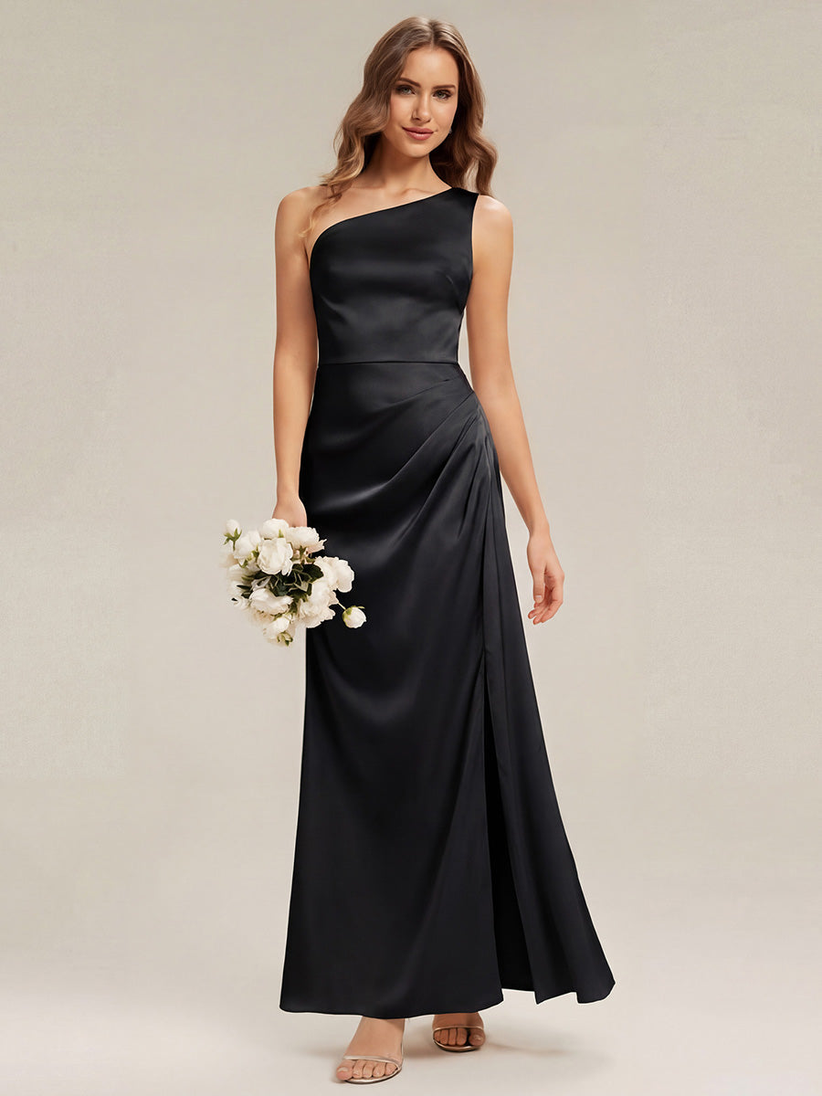 Thigh-High Slit One-Shoulder Satin Sleeveless Bridesmaid Dress