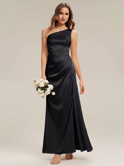 Thigh-High Slit One-Shoulder Satin Sleeveless Bridesmaid Dress