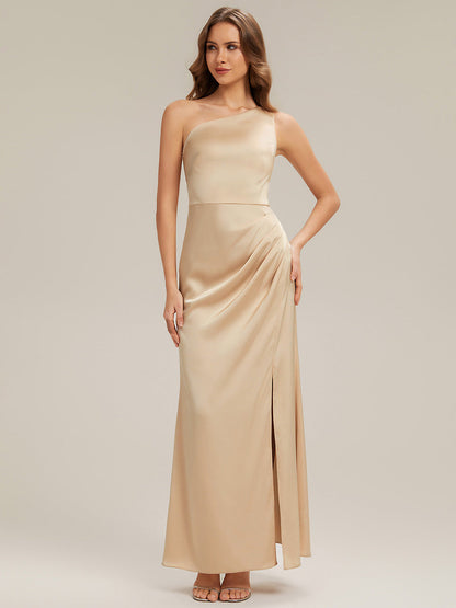 Thigh-High Slit One-Shoulder Satin Sleeveless Bridesmaid Dress