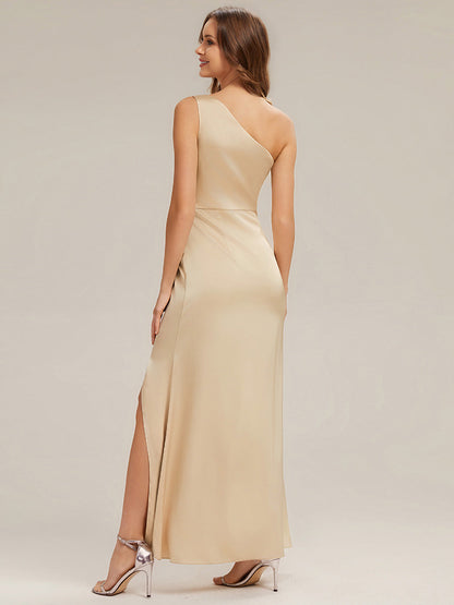 Thigh-High Slit One-Shoulder Satin Sleeveless Bridesmaid Dress