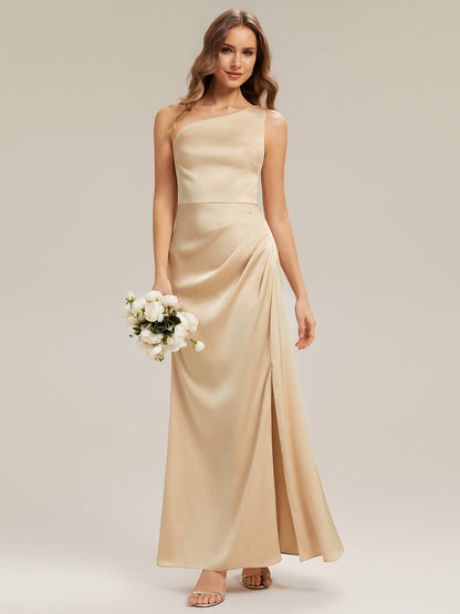 Thigh-High Slit One-Shoulder Satin Sleeveless Bridesmaid Dress