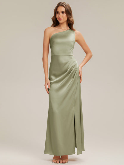 Thigh-High Slit One-Shoulder Satin Sleeveless Bridesmaid Dress