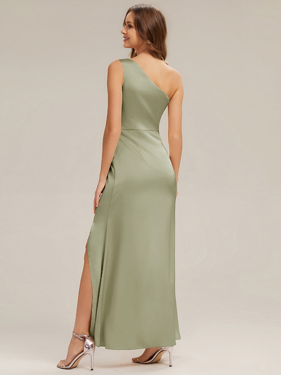 Thigh-High Slit One-Shoulder Satin Sleeveless Bridesmaid Dress