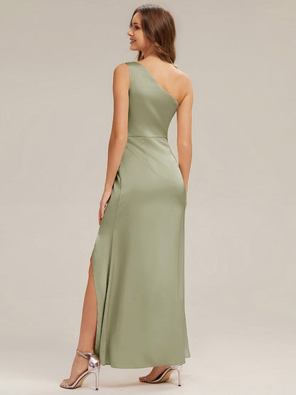 Thigh-High Slit One-Shoulder Satin Sleeveless Bridesmaid Dress