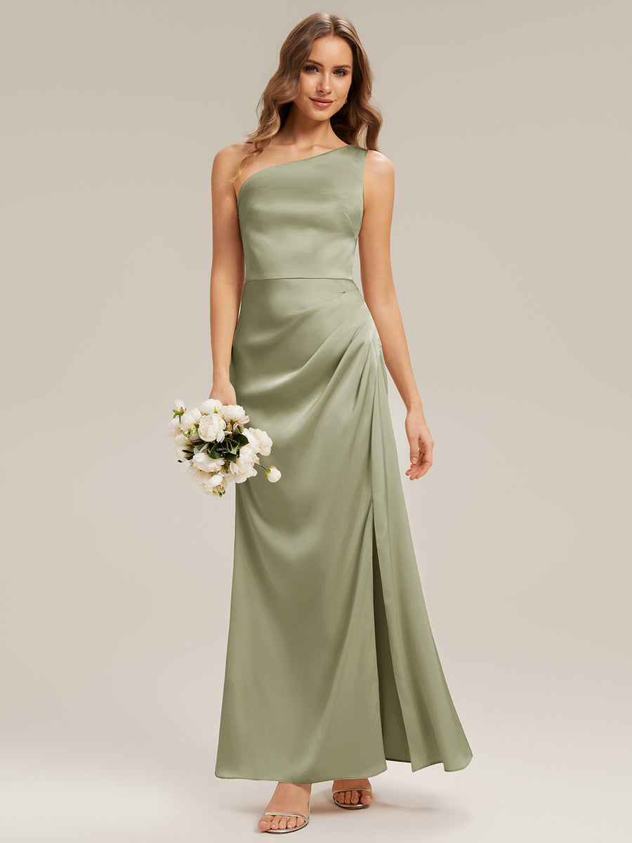 Thigh-High Slit One-Shoulder Satin Sleeveless Bridesmaid Dress