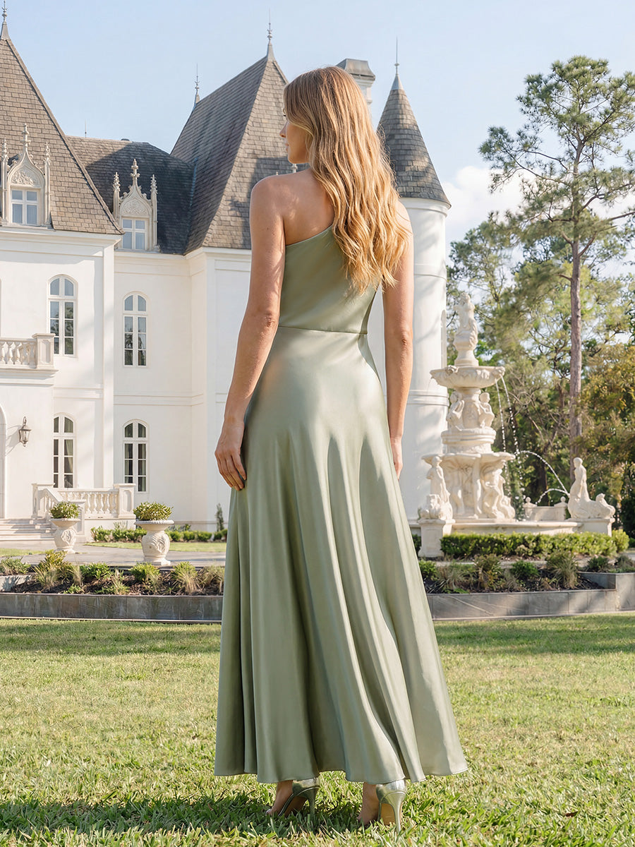 Knotted Satin Sleeveless Bridesmaid Dress