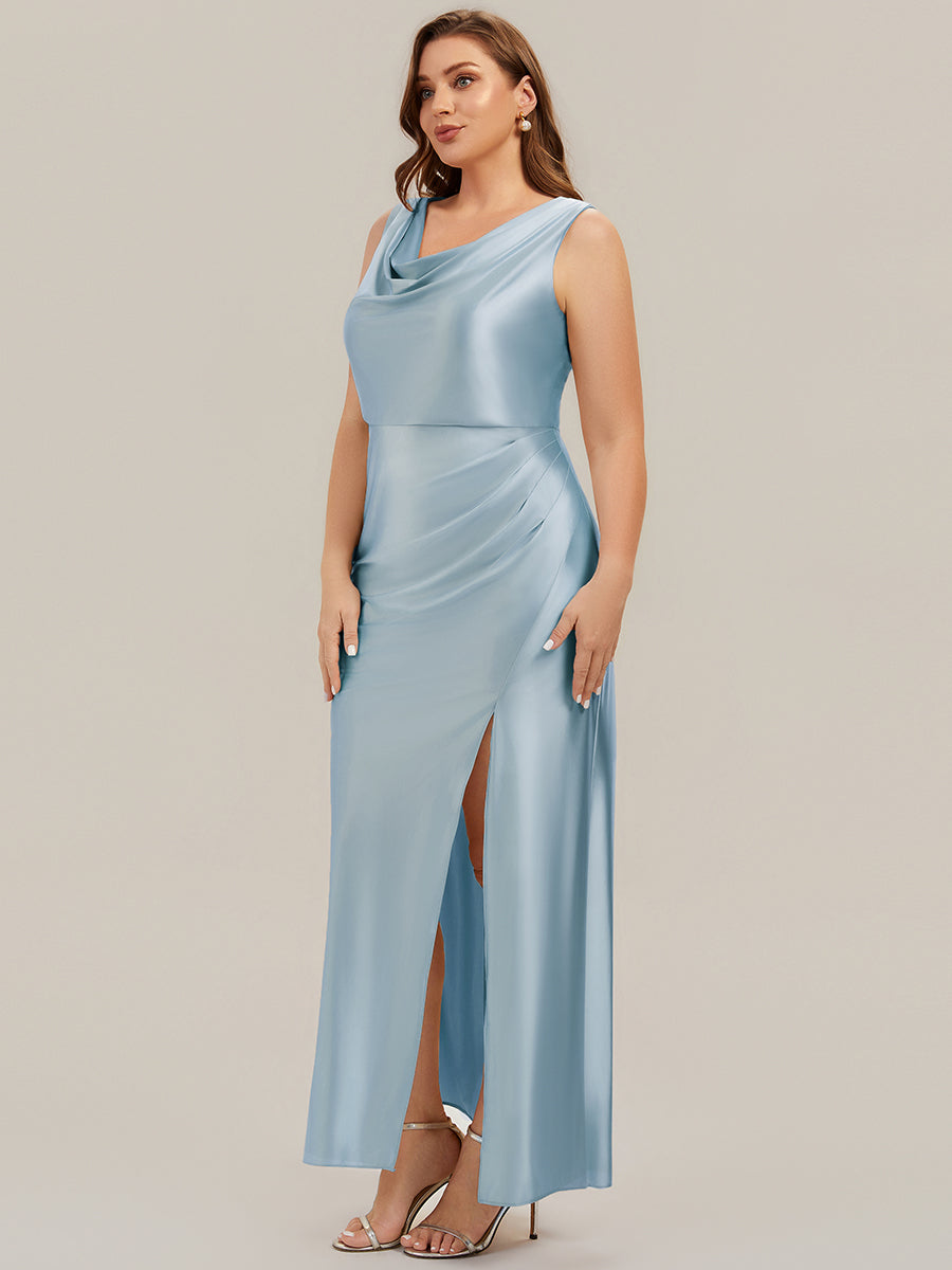 Thigh-High Slit Satin Sleeveless Bridesmaid Dress