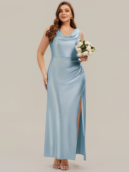 Thigh-High Slit Satin Sleeveless Bridesmaid Dress