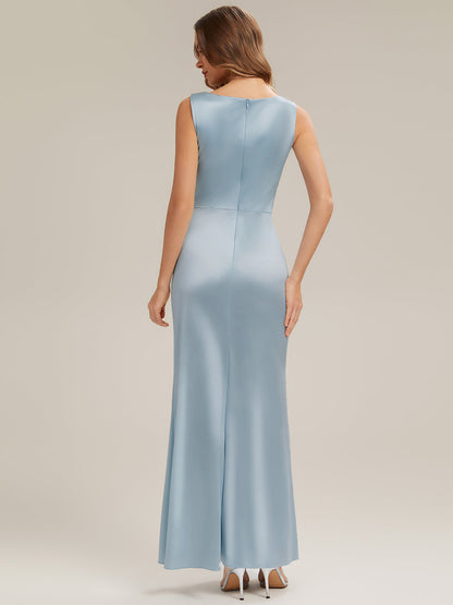 Thigh-High Slit Satin Sleeveless Bridesmaid Dress