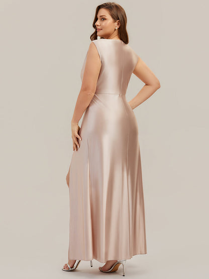 Thigh-High Slit Satin Sleeveless Bridesmaid Dress