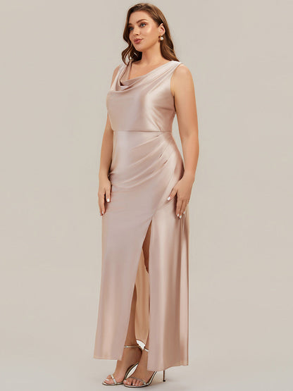 Thigh-High Slit Satin Sleeveless Bridesmaid Dress