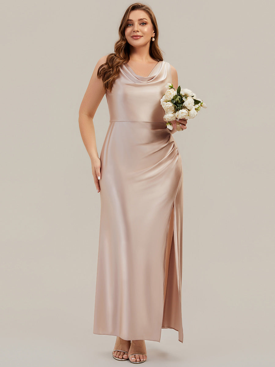 Thigh-High Slit Satin Sleeveless Bridesmaid Dress