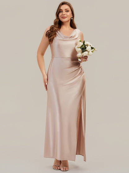 Thigh-High Slit Satin Sleeveless Bridesmaid Dress