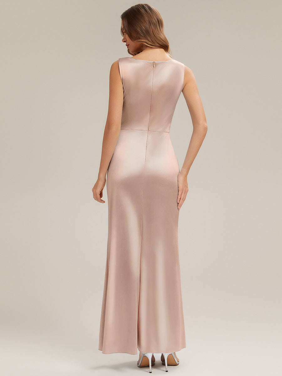 Thigh-High Slit Satin Sleeveless Bridesmaid Dress