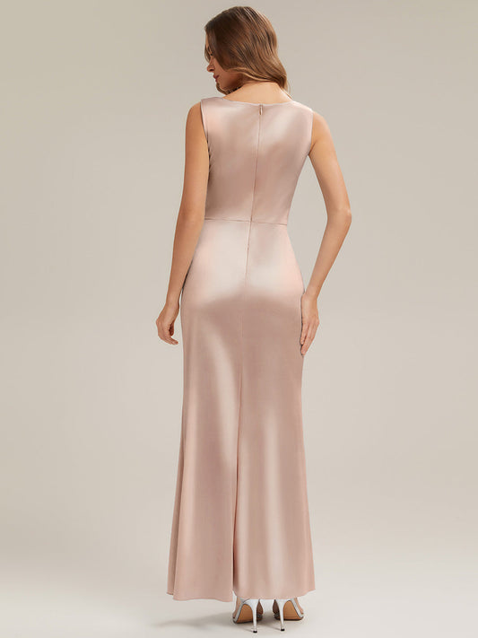 Thigh-High Slit Satin Sleeveless Bridesmaid Dress
