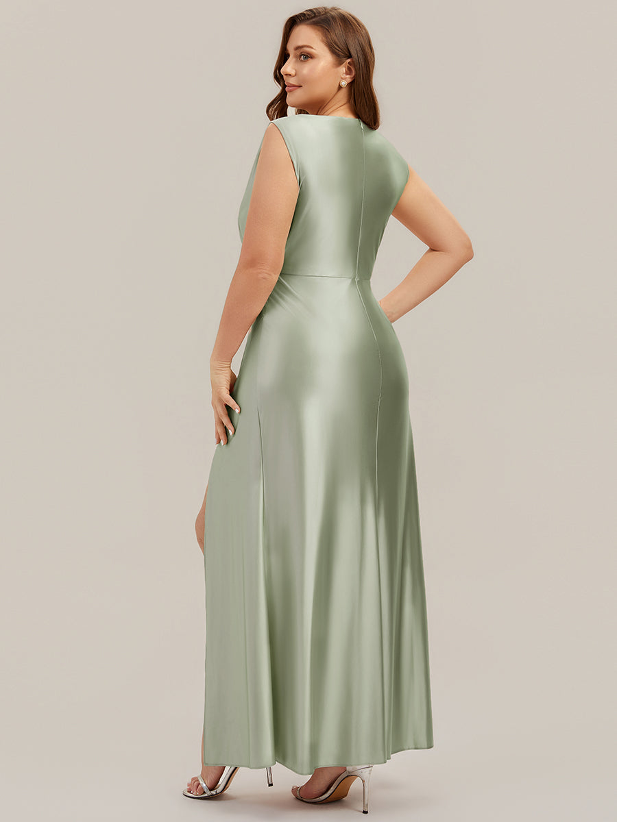 Thigh-High Slit Satin Sleeveless Bridesmaid Dress