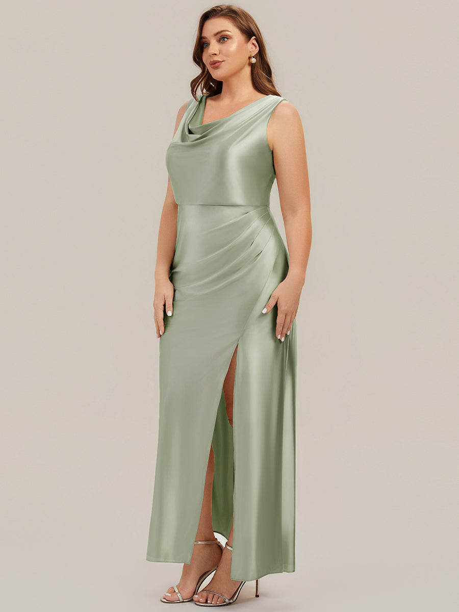 Thigh-High Slit Satin Sleeveless Bridesmaid Dress
