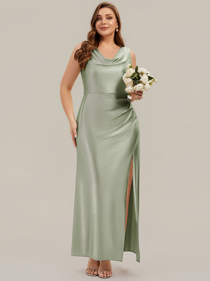 Thigh-High Slit Satin Sleeveless Bridesmaid Dress