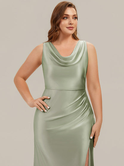 Thigh-High Slit Satin Sleeveless Bridesmaid Dress
