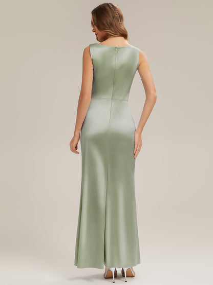 Thigh-High Slit Satin Sleeveless Bridesmaid Dress