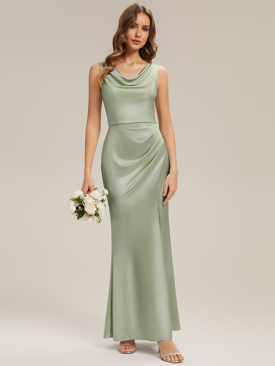 Thigh-High Slit Satin Sleeveless Bridesmaid Dress