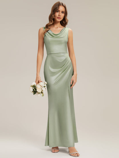 Thigh-High Slit Satin Sleeveless Bridesmaid Dress