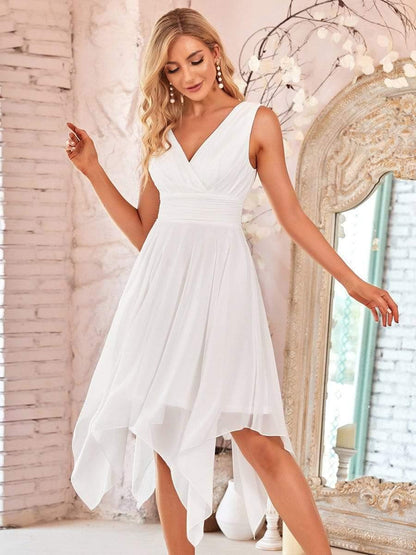 ever ELORA|V Neck Ruched Asymmetrical Hems Midi Chiffon Bridesmaid Dress