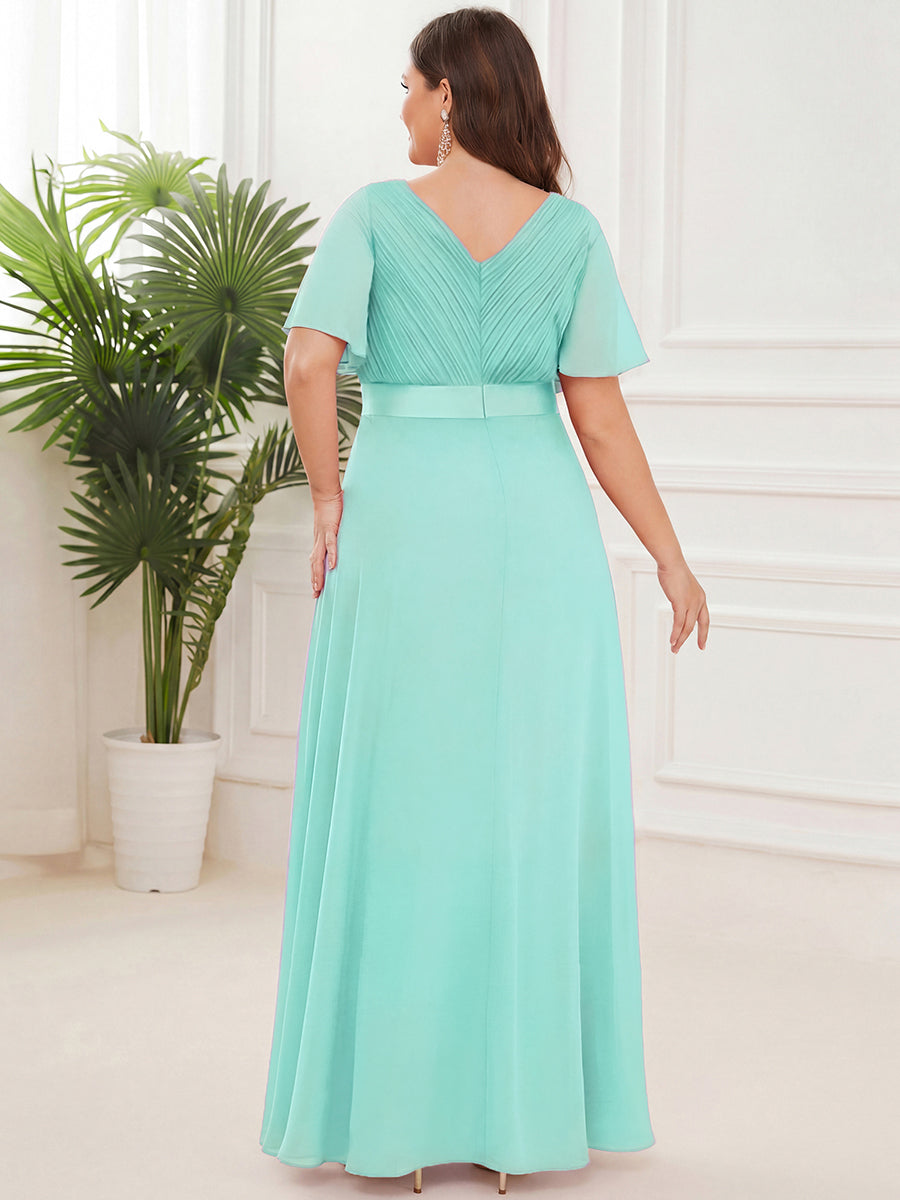 ever MONICA|Long Empire Waist Bridesmaid Dress with Short Flutter Sleeves