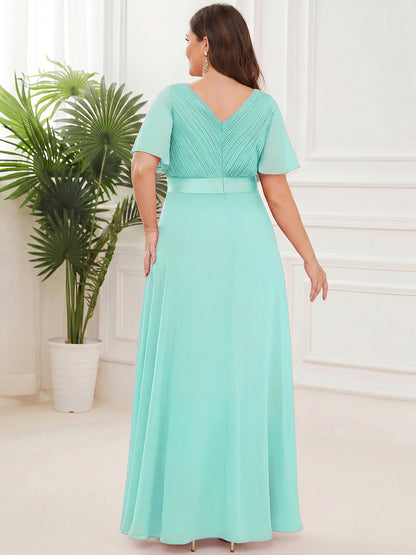 ever MONICA|Long Empire Waist Bridesmaid Dress with Short Flutter Sleeves