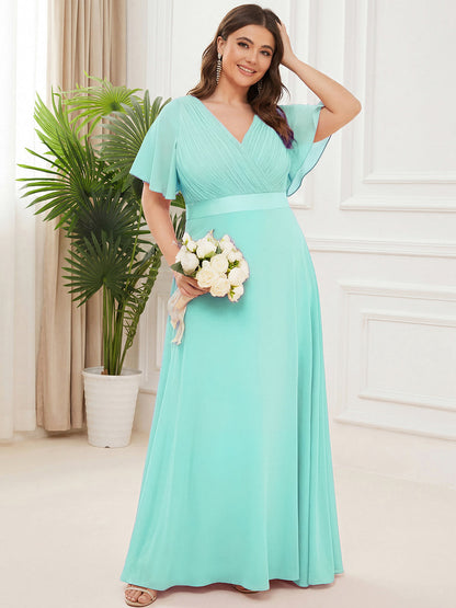 ever MONICA|Long Empire Waist Bridesmaid Dress with Short Flutter Sleeves