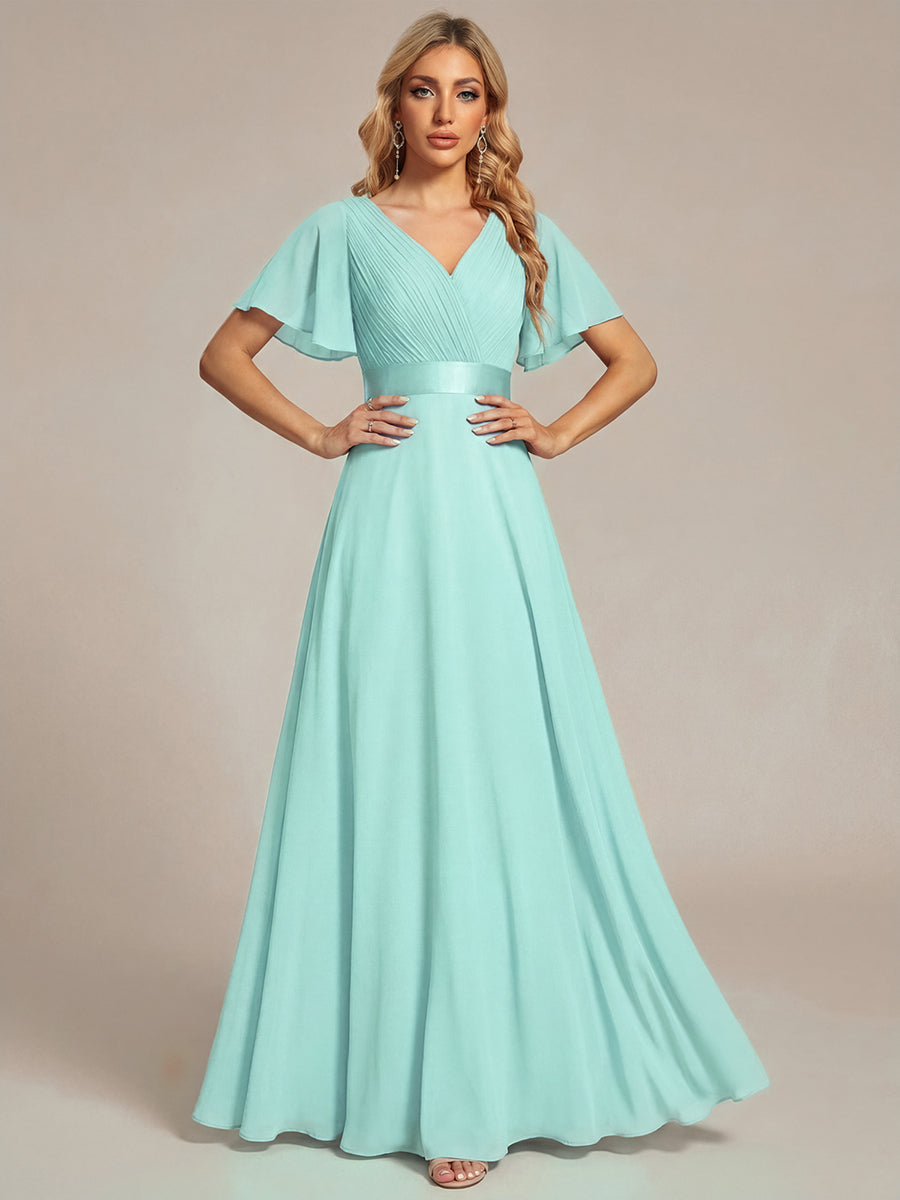 ever MONICA|Long Empire Waist Bridesmaid Dress with Short Flutter Sleeves