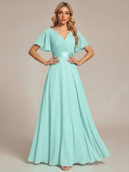 ever MONICA|Long Empire Waist Bridesmaid Dress with Short Flutter Sleeves
