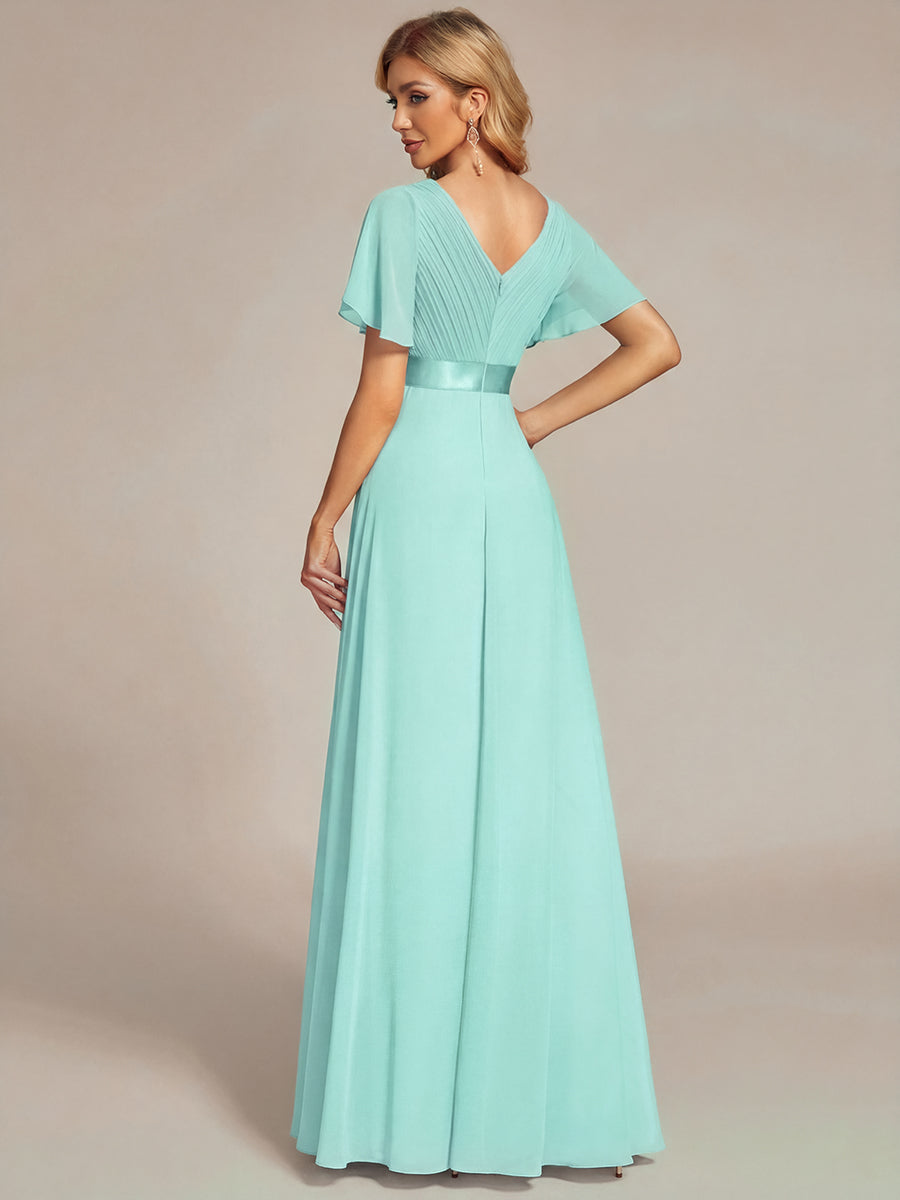 ever MONICA|Long Empire Waist Bridesmaid Dress with Short Flutter Sleeves