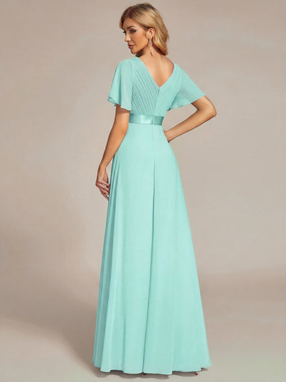 ever MONICA|Long Empire Waist Bridesmaid Dress with Short Flutter Sleeves
