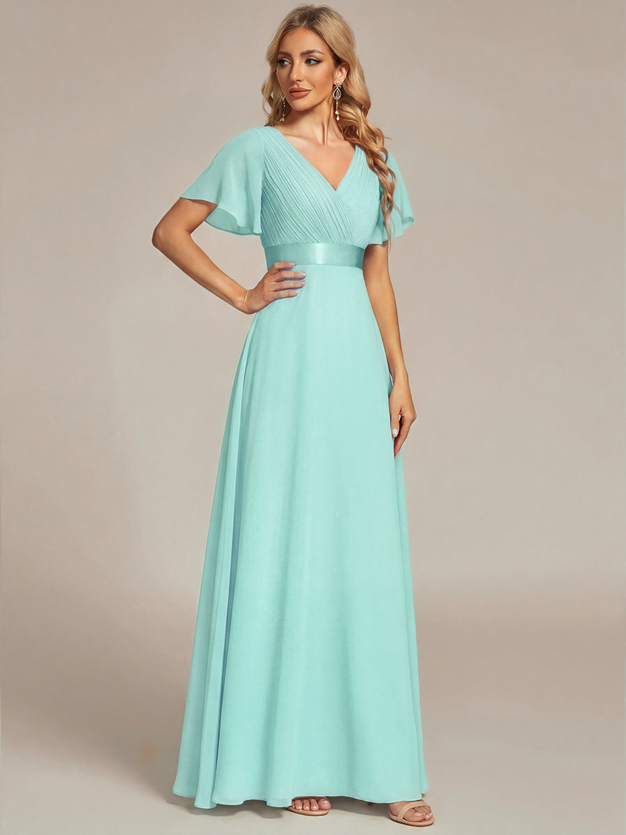 ever MONICA|Long Empire Waist Bridesmaid Dress with Short Flutter Sleeves