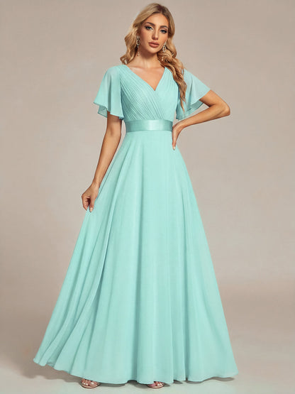 ever MONICA|Long Empire Waist Bridesmaid Dress with Short Flutter Sleeves