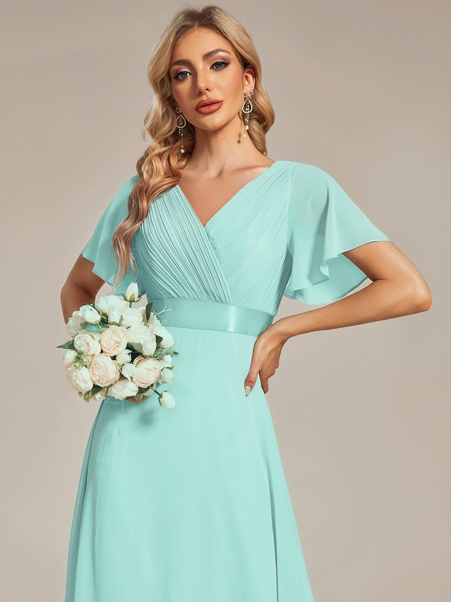 ever MONICA|Long Empire Waist Bridesmaid Dress with Short Flutter Sleeves