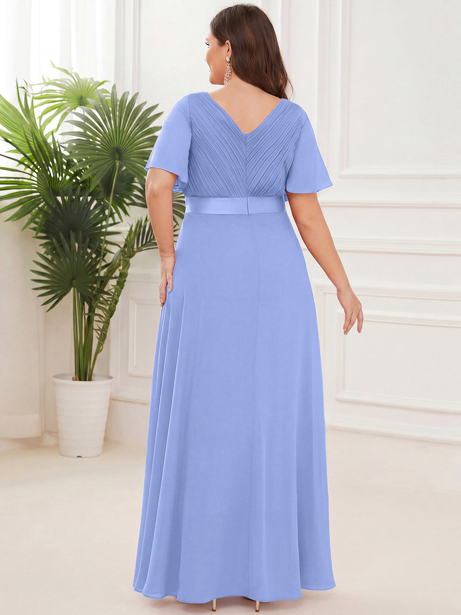 ever MONICA|Long Empire Waist Bridesmaid Dress with Short Flutter Sleeves