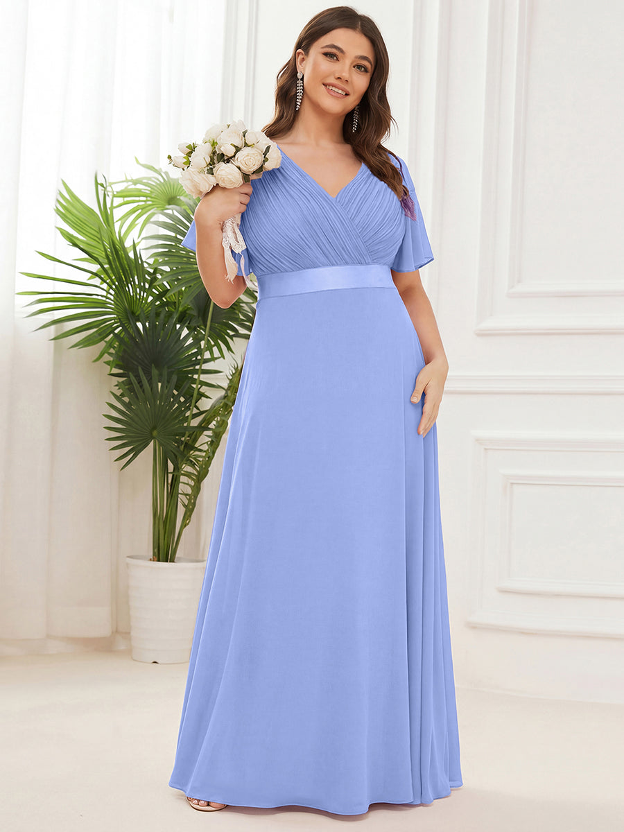 ever MONICA|Long Empire Waist Bridesmaid Dress with Short Flutter Sleeves