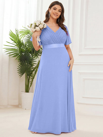 ever MONICA|Long Empire Waist Bridesmaid Dress with Short Flutter Sleeves