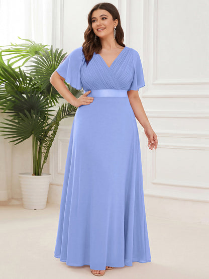 ever MONICA|Long Empire Waist Bridesmaid Dress with Short Flutter Sleeves