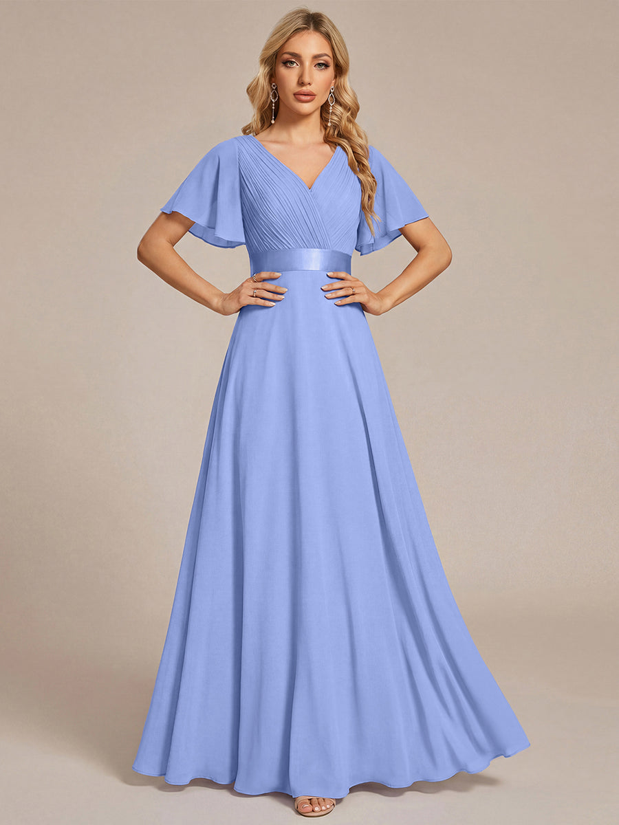 ever MONICA|Long Empire Waist Bridesmaid Dress with Short Flutter Sleeves
