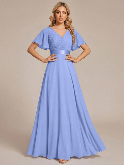 ever MONICA|Long Empire Waist Bridesmaid Dress with Short Flutter Sleeves