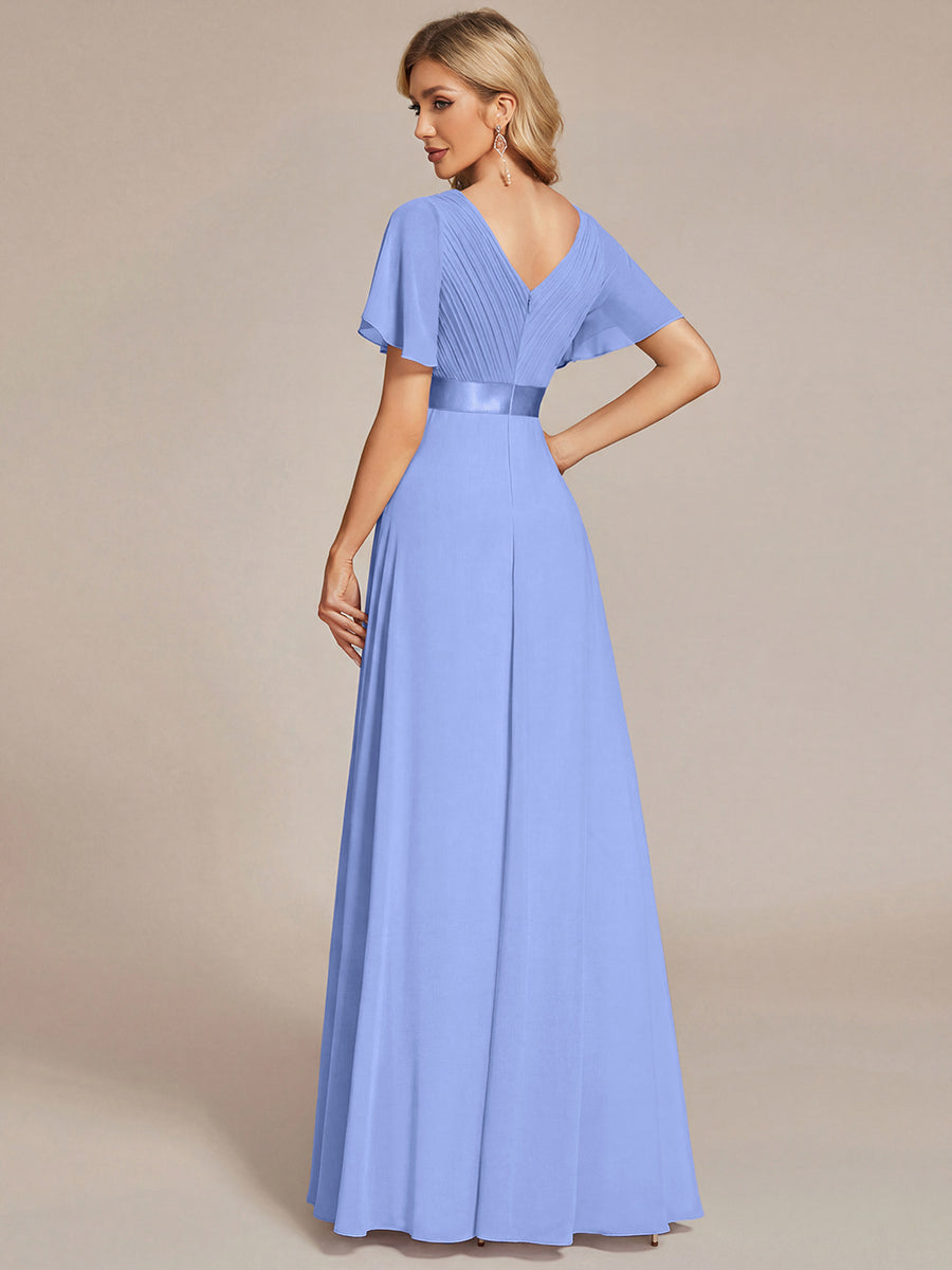 ever MONICA|Long Empire Waist Bridesmaid Dress with Short Flutter Sleeves