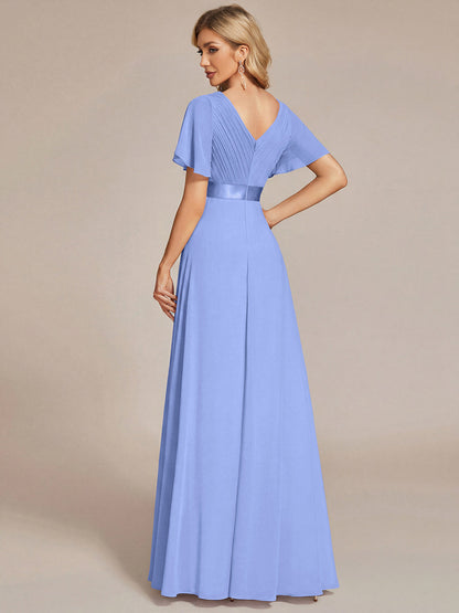 ever MONICA|Long Empire Waist Bridesmaid Dress with Short Flutter Sleeves