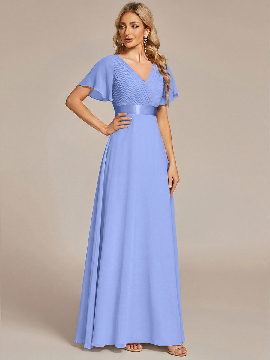 ever MONICA|Long Empire Waist Bridesmaid Dress with Short Flutter Sleeves