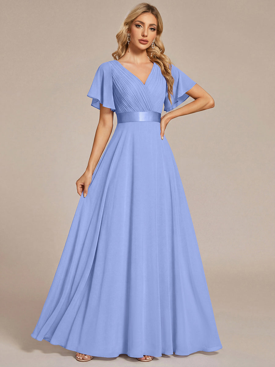 ever MONICA|Long Empire Waist Bridesmaid Dress with Short Flutter Sleeves
